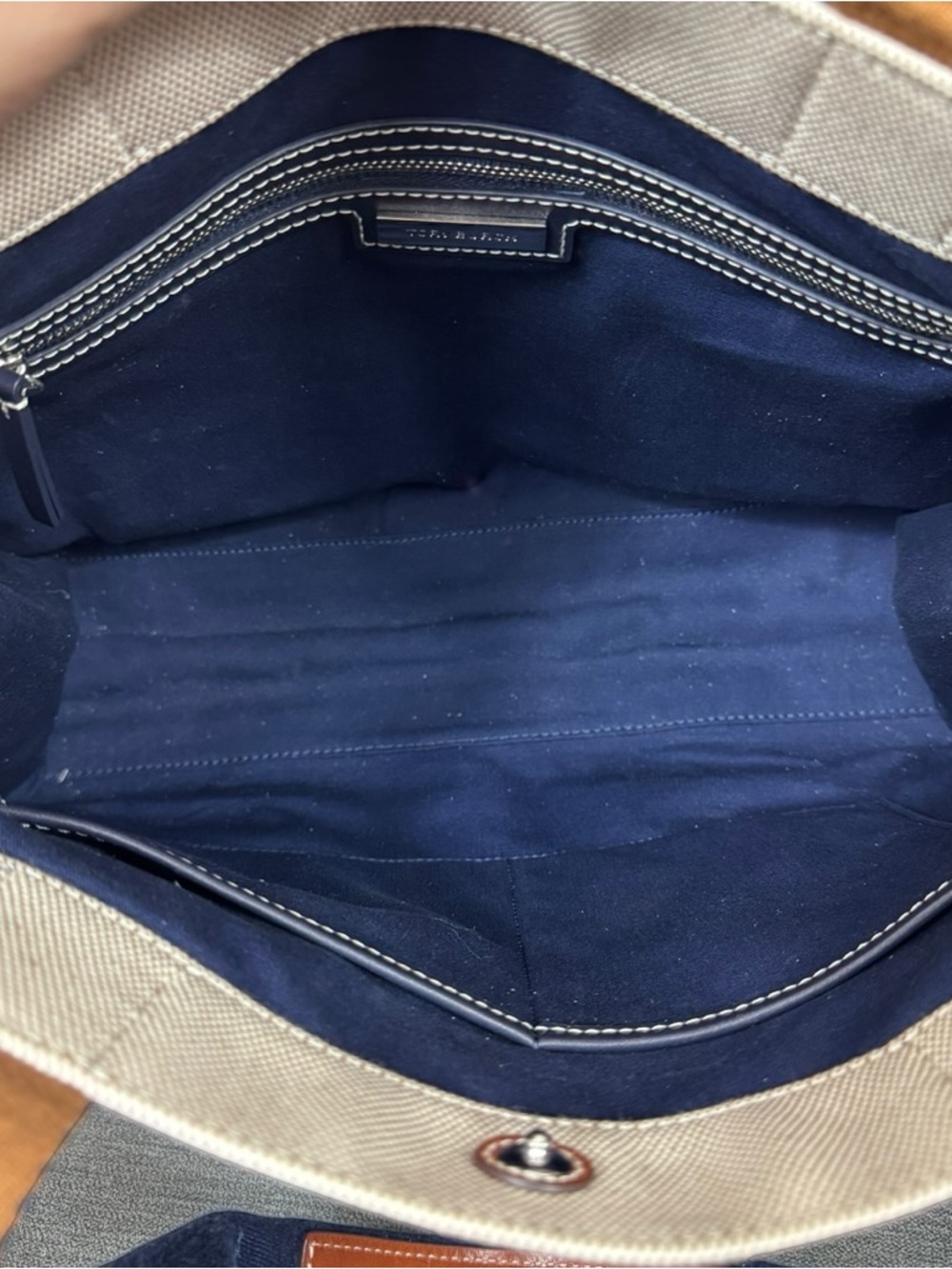Tory Burch Tory Tote Bag Canvas Navy Stripes Leather Handles - Picture 14 of 16